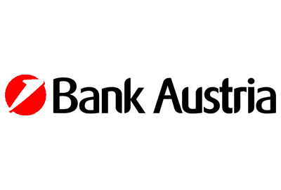 Bank Austria logo featuring a red circle with a white arrow and the words