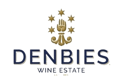 Denbies Wine Estate logo featuring the name in bold letters and a gold emblem with a hand, stars, and decorative elements above the text.
