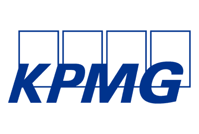 KPMG logo featuring the company name in bold blue letters with four overlapping rectangles above the text on a blue background.