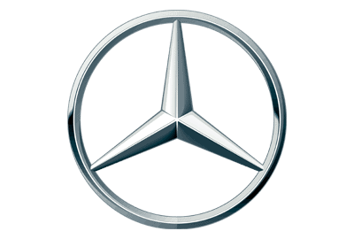 A silver three-pointed star enclosed in a circle, representing the Mercedes-Benz logo, on a grey background.
