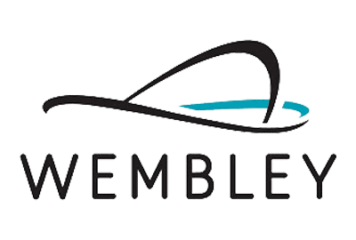 Wembley logo featuring a stylised black arch with a blue accent above the word